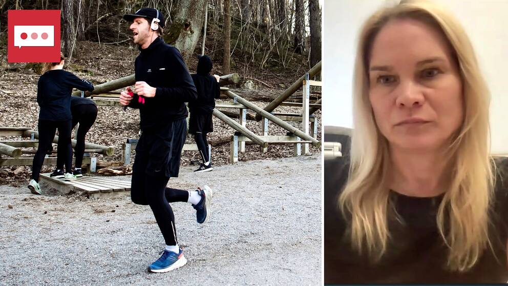 Tvådelad bild: En löpare ser trött ut när han springer förbi ett utegym och dietisten Emma Lindblom.