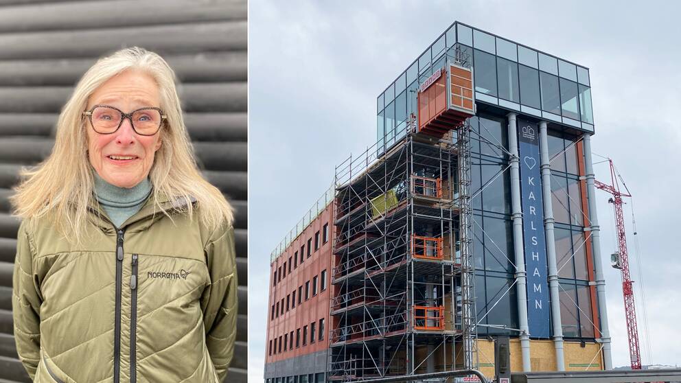 Bild på kvinna, som heter Bodil Frigren Ericsson och är Liberalernas gruppledare i Karlshamn. Samt bild på byggarbetsplatsen på Östra Piren i Karlshamn.