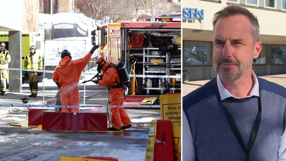 Räddningstjänst sprutar av varandra med vatten utanför Länsstyrelsen Västernorrland, och en bild på enhetschefen Mattias.