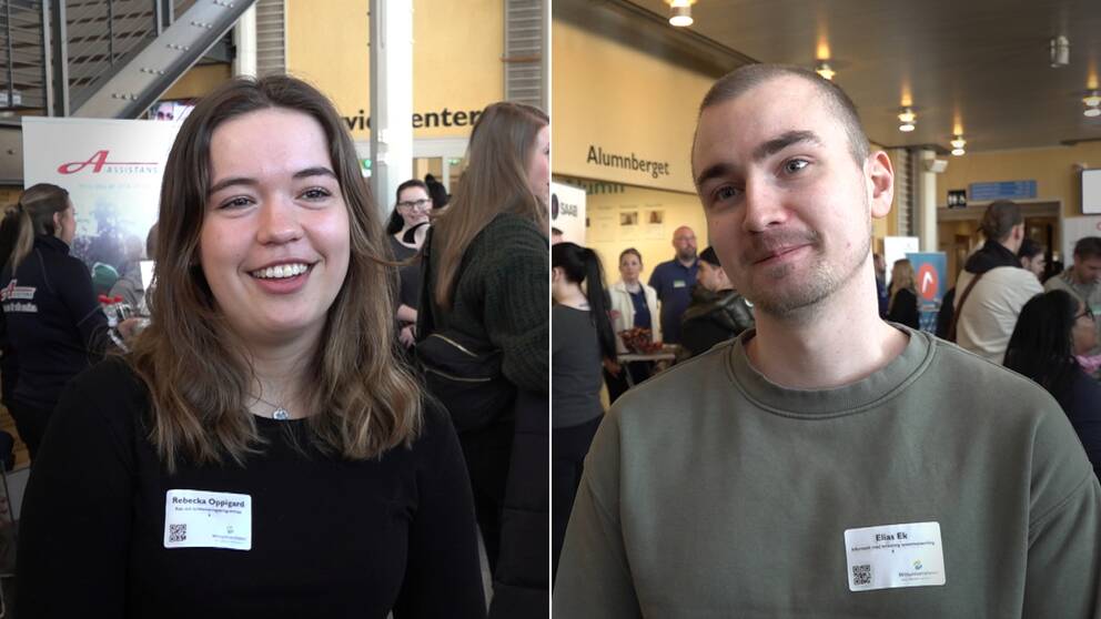 Rebecka Oppigard, med långt brunt hår ler framför en folksamling på Mittuniversitet och Elias Ek i samma miljö.
