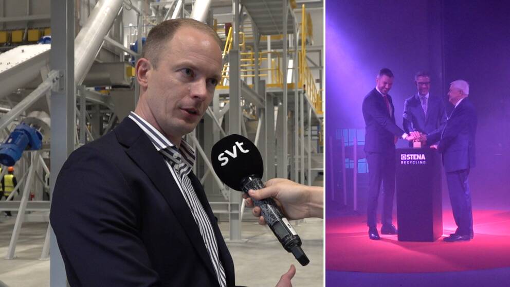 Marcus Martinsson inviger en anläggning för återvinning av elbilsbatterier i Halmtstad