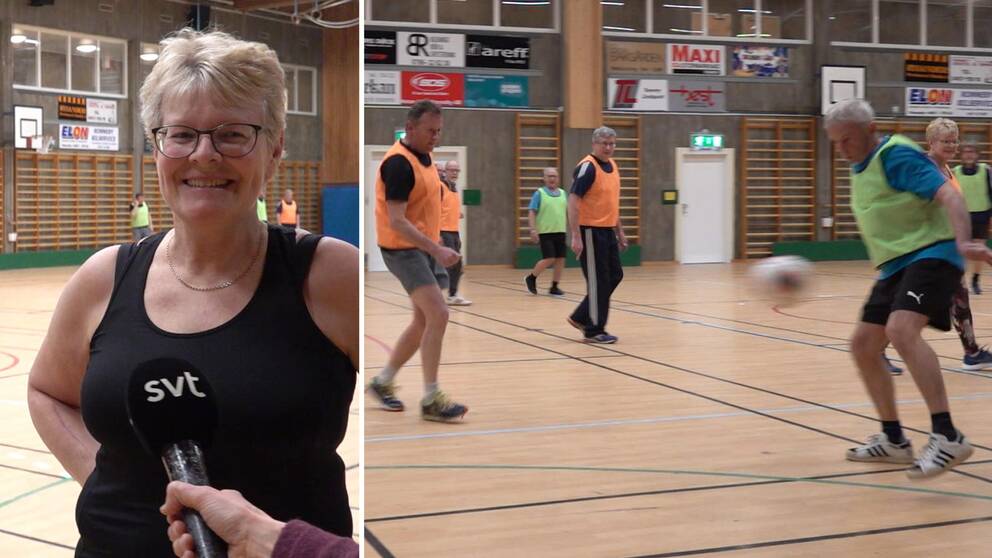 Kvinna i svart träningslinne ler mot kameran, inhomhusfotboll, gåfotboll, män i gula och orange västar spelar fotboll i Ronneby sporthall.