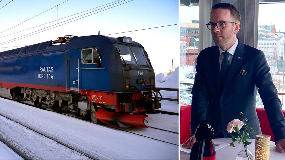 Till vänster ett tåg på malmbanan. Till höger infrastrukturminister Andreas Carlson (KD) under fredagens pressträff.