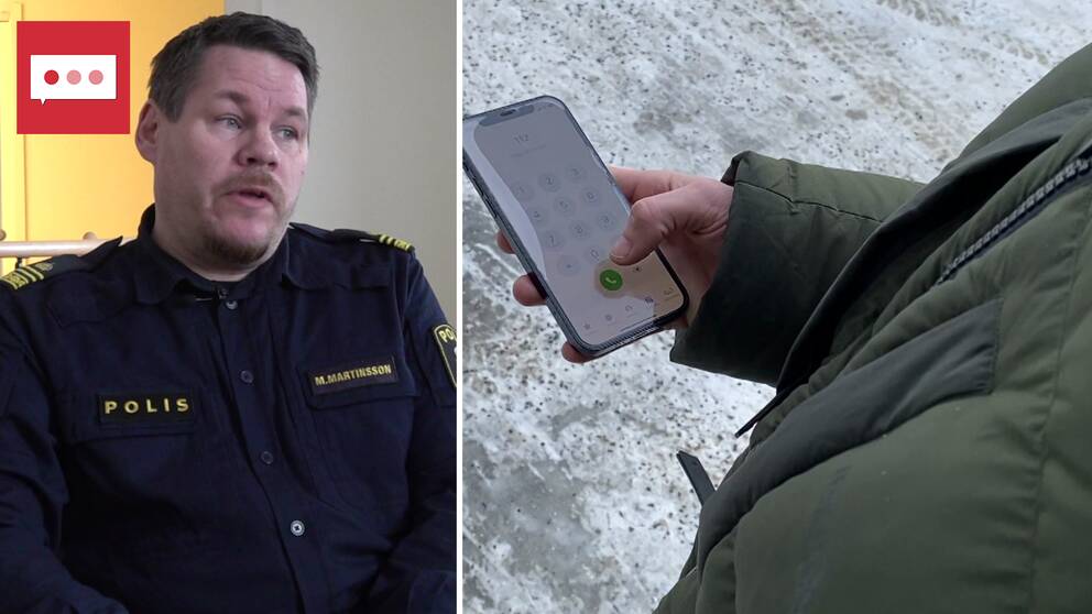 Till vänster polisen, Mattias Martinsson. Till höger i den uppdelade bilden en man som ringer 112.