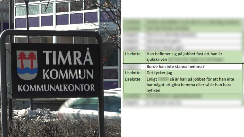 Bilden är ett montage. Till vänster syns en skylt där det står Timrå kommun och till höger i bild syns en sms-konversation mellan Liselotte och en vän.