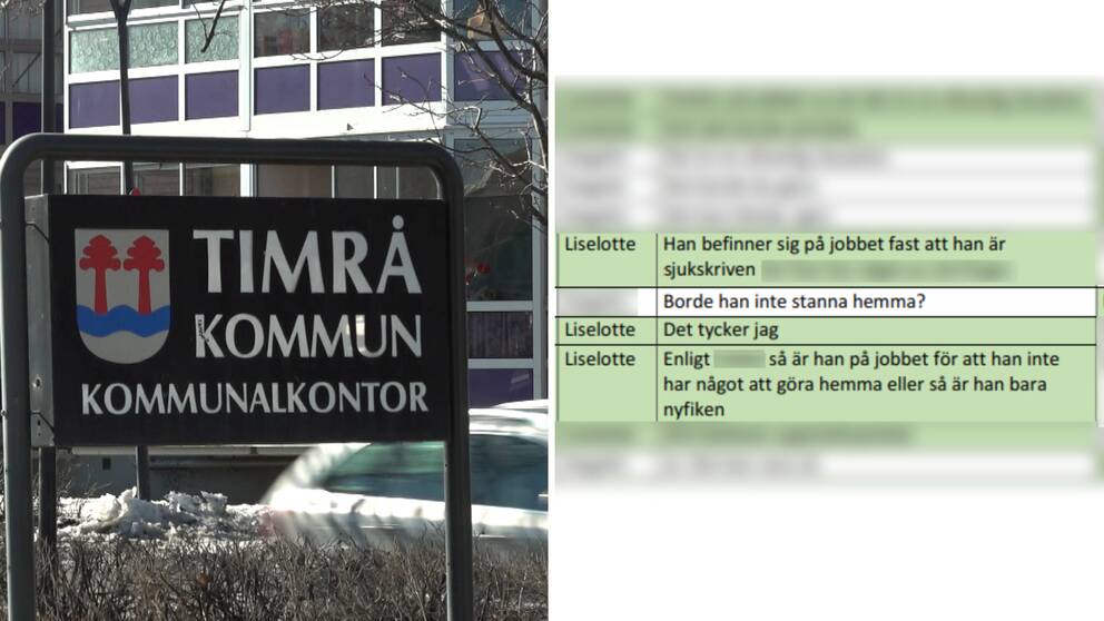 Bilden är ett montage. Till vänster syns en skylt där det står Timrå kommun och till höger i bild syns en sms-konversation mellan Liselotte och en vän.