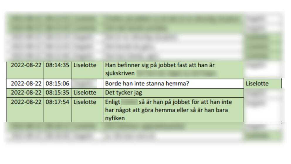 Sms mellan Liselotte och hennes vän. Där Liselotte skriver att mannen befinner sig på jobbet fast han är sjukskriven. 
