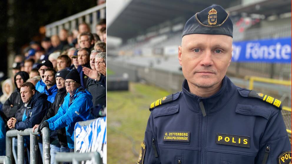 Tvådelad bild, tll vänster HBK-supportrar på en läktare, till höger polisen Gustav Rosén Zetterberg på Örjans vall.