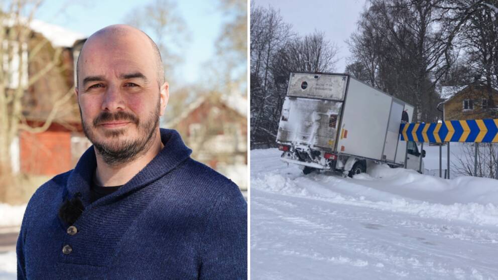 Kollage. Till vänster: Martin Ogden, ljus hy, mörka ögonbryn och skägg. Blå tröja. Till höger: En mindre, vit, lastbil har kört in i ett staket. Mycket snö på vägen och i sluttningen där lastbilen är.
