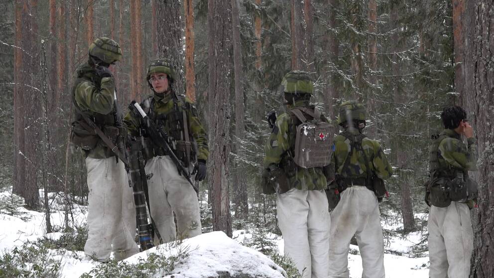 Fem värnpliktssoldater med grön kamouflage upptill och vita byxor. De står i en barrskog där det är snö på marken.