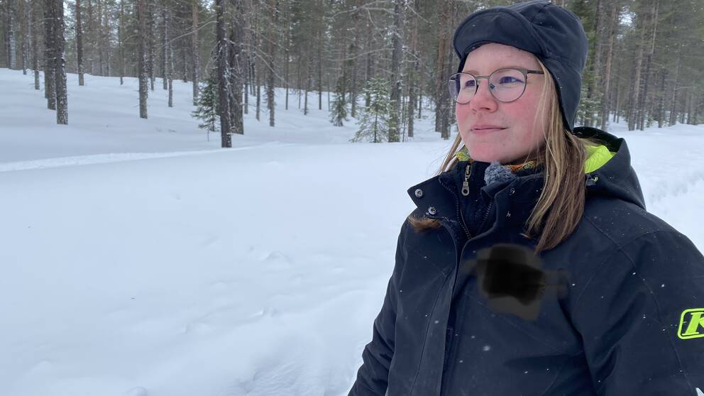 Renskötaren Hanna Persson visar upp ett hänglavsrikt område där renarna trivs.
