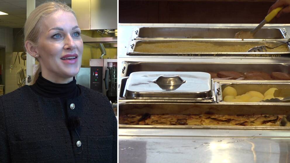 Emma Engelmark till vänster. Till höger en bild på formarna med mat som barnen tar ifrån.