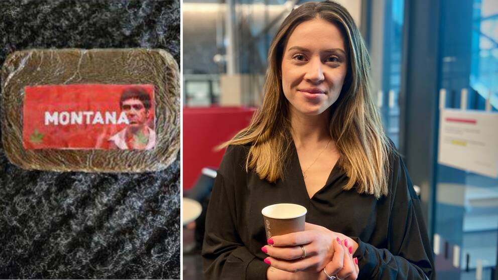 I bild till vänster: en brun förpackning med etiketten Montana och en bild på huvudpersonen i gangsterfilmen Scarface. I bild till höger försvarsadvokat Martina Michaelsdotter Olsson hållandes i papperskopp i händerna.