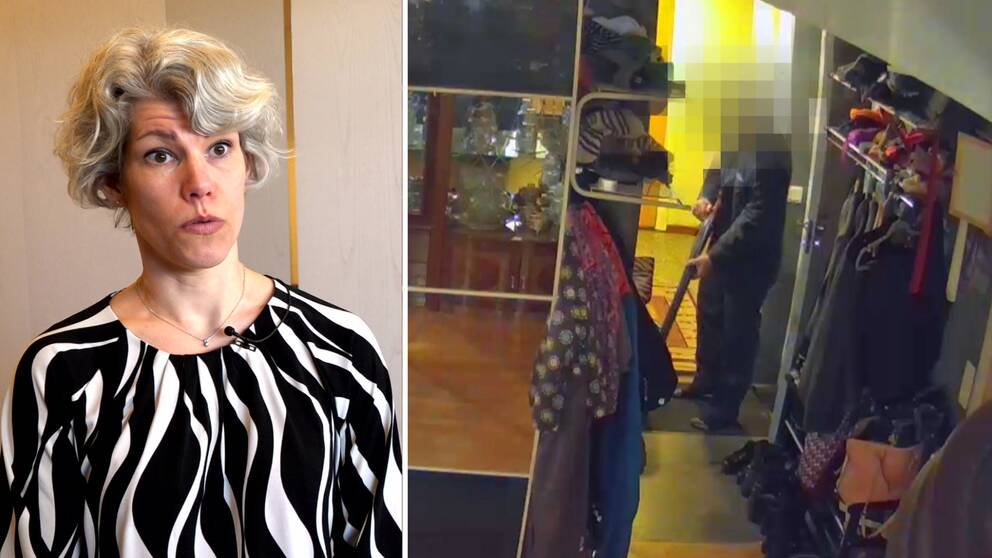 Till vänster åklagare Anna Väppling. Till höger bild från den misstänkte mannens egna övervakningsfilm. Där han står och laddar sitt gevär.