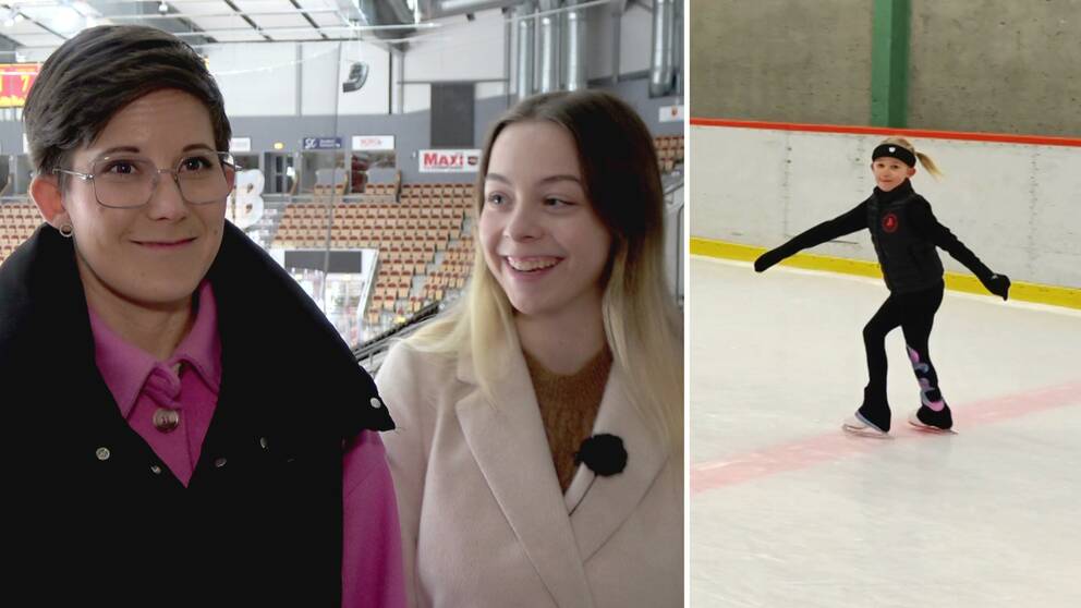 Montage av två bilder. Till vänster syns Luleå allmänna konståkningsförenings ordförande Ida Sjögren tillsammans med huvudtränaren Kseniya Bakusheva och till höger syns ett barn som övar konståkning.