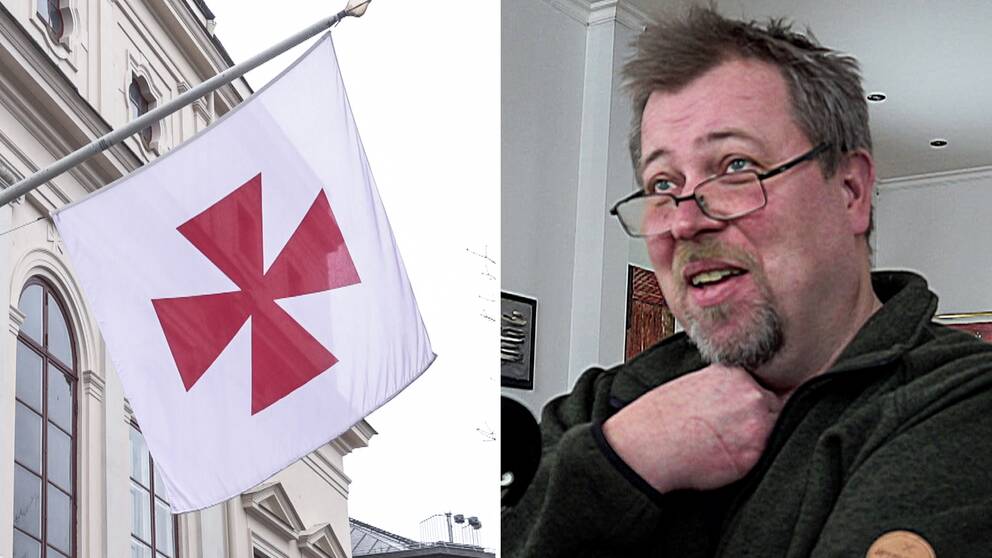 Till vänster en frimurarflagga (vit med ett rött kors på), till höger en bild på Olle Lundin.