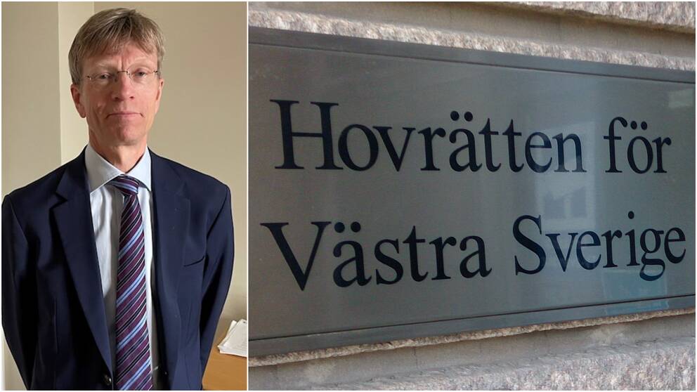 Delad bild. Till vänster Åke Thimfors i blå kavaj. Till höger en skylt till Hovrätten för Västra Sverige.