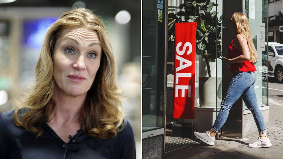Tvådelad bild. Till vänster Annika Schönefeldt, fastighetschef på Elgiganten. Till höger en kvinna som går in i en butik med en skylt där det står ”Sale”.