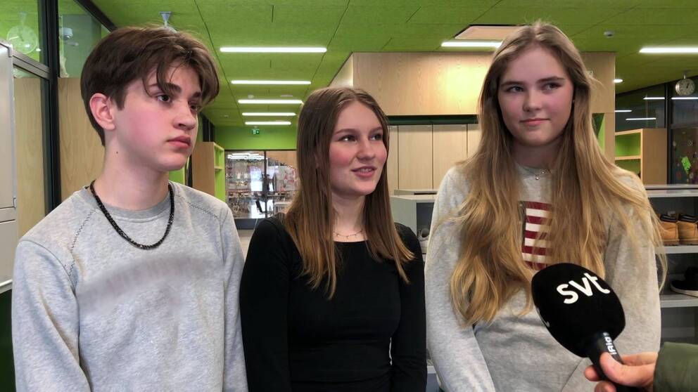 Simon, Ella och Alina opiskelevat Kungsvägens skola -nimisessä koulussa Sipoossa. Kuvassa he ovat SVT:n haastattelussa.