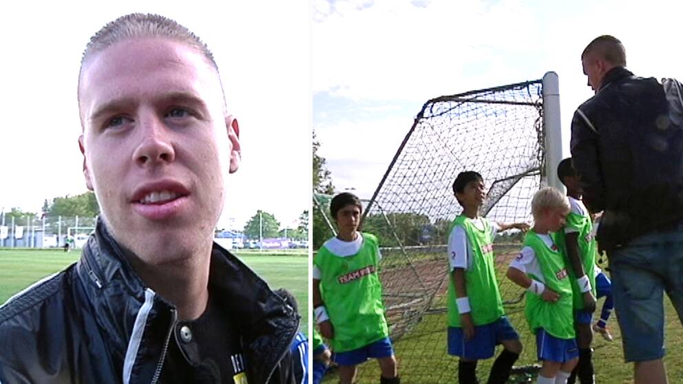 Till vänster: En ung Pontus Jansson i ett reportage med Sydnytt på en fotbollsplan i Arlöv. Till höger: Pontus Jansson leder ett knattelag.