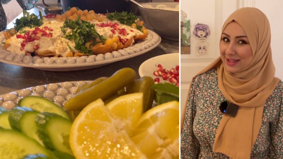 Till vänster i bild fat med fatteh, till höger bild på Maryam Al-Hammadi