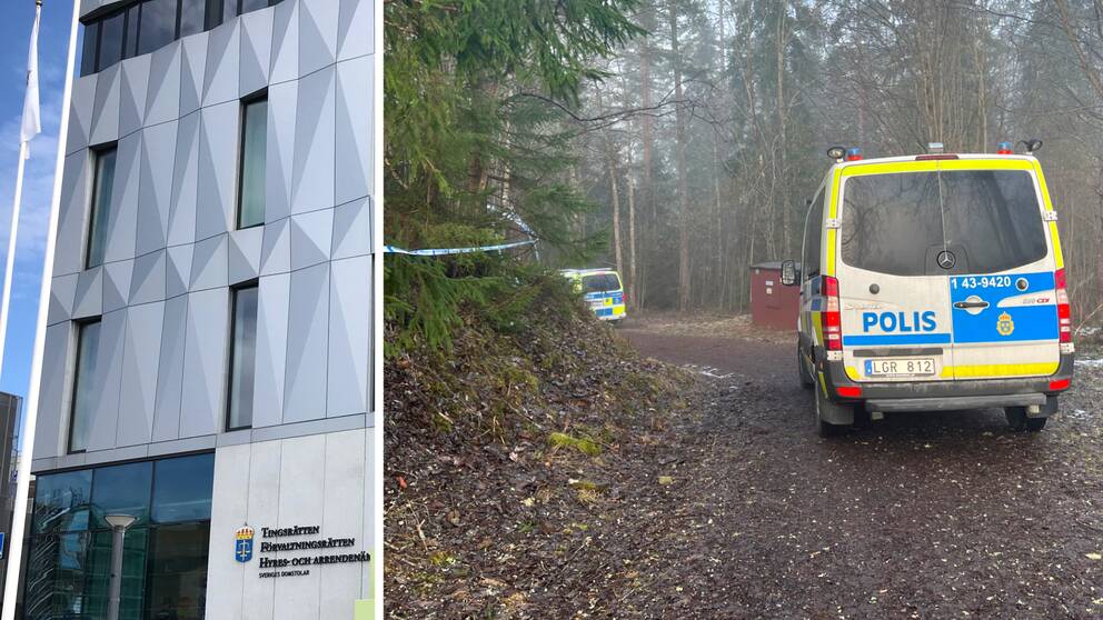 dubbelbild: rutig fasad på jönköpings tingsrätt och polisbilar på skogsväg med avspärrningsband runt granar