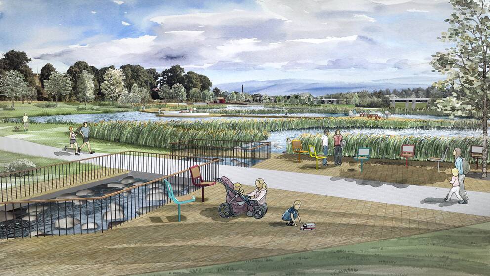 Illustration på hur den nya våtmarkparken i Vallentuna se ut med dammar, gångstråk och sittplater.