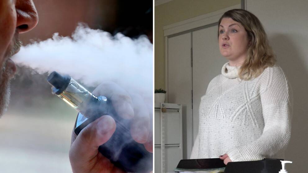 Två bilder: Person som röker e-cigg. Skolsköterskan Sofie Hall.
