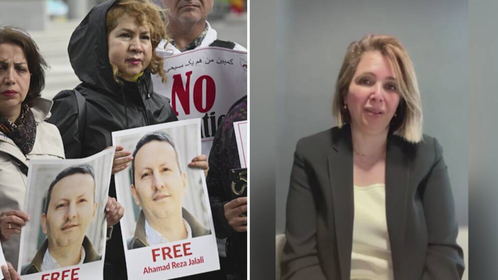 En bild på Ahmadreza Djalali med texten ”free” hålls upp av en kvinna. Till höger en bild på Vida Mehrannia, Ahmadreza Djalalis hustru.
