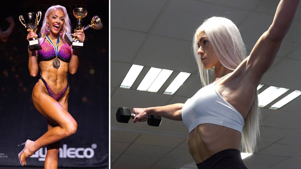Tvådelad bild: Fitnessmodellen Linn von Bahr ler på en scen i en glittrigt lila bikini, en medalj runt halsen samt tre pokaler i händerna, samt Linn under ett träningspass på gymmet.