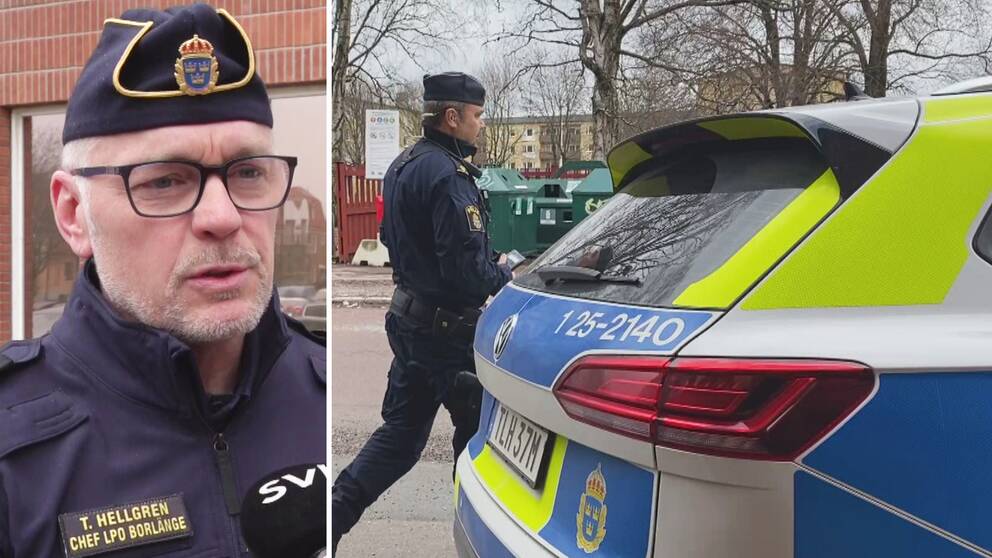 Delad bild – till vänster en bild på oolisen Thomas Hellgren, som har glasögon och polismössa på sig. Till höger en bild på en polis som går förbi en polisbild på platsen där dödsskjutningen ägde rum.