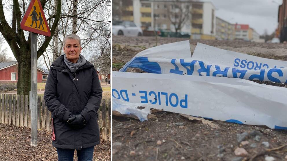 Kvinna som står bredvid förskola och ”varning för barn”-skylt. Till höger en närbild på ett polisavspärrningsband på marken.