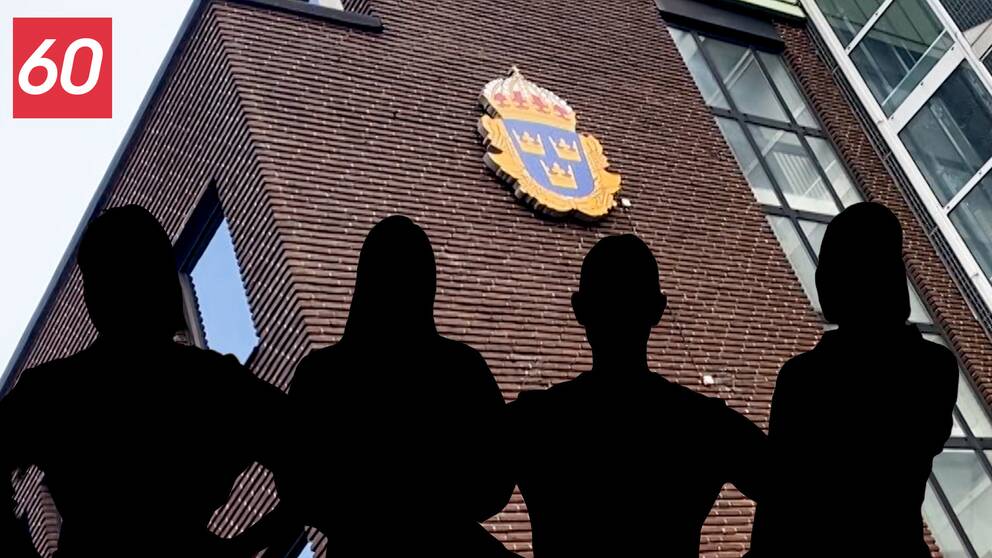 Ett bildmontage med fyra silhuetter på kvinnor framför polishuset i Trelleborg. SVT har granskat våld i nära relation och kvinnorna har drabbats av samma man under minst tio år.