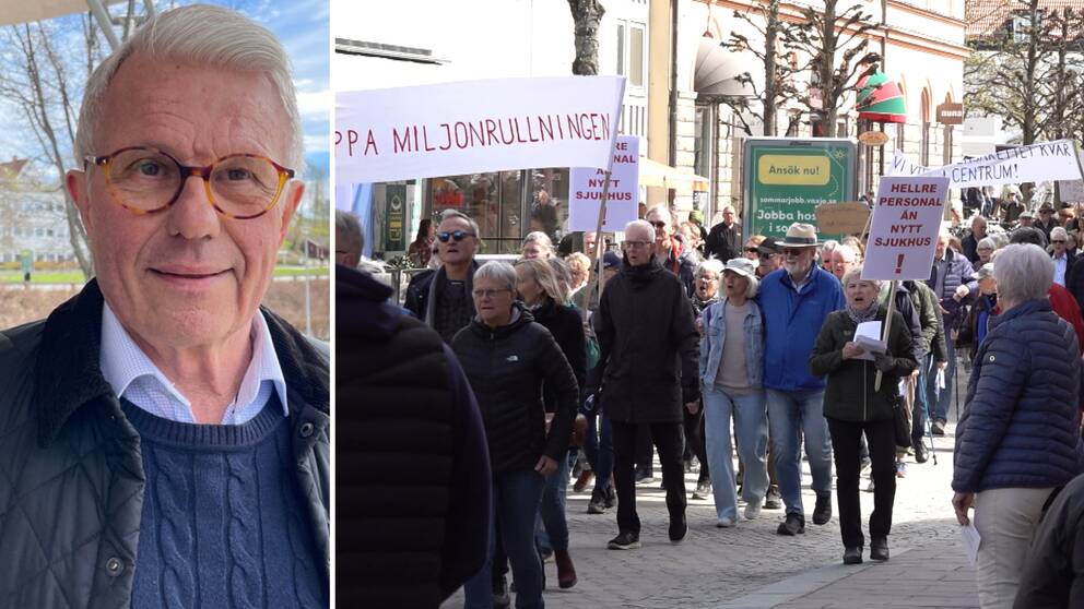 Demonstration i Växjö mot planer på det nya sjukhuset i Räppe. Marcus Turesson till vänster i bild är initiativtage till demonstrationen.