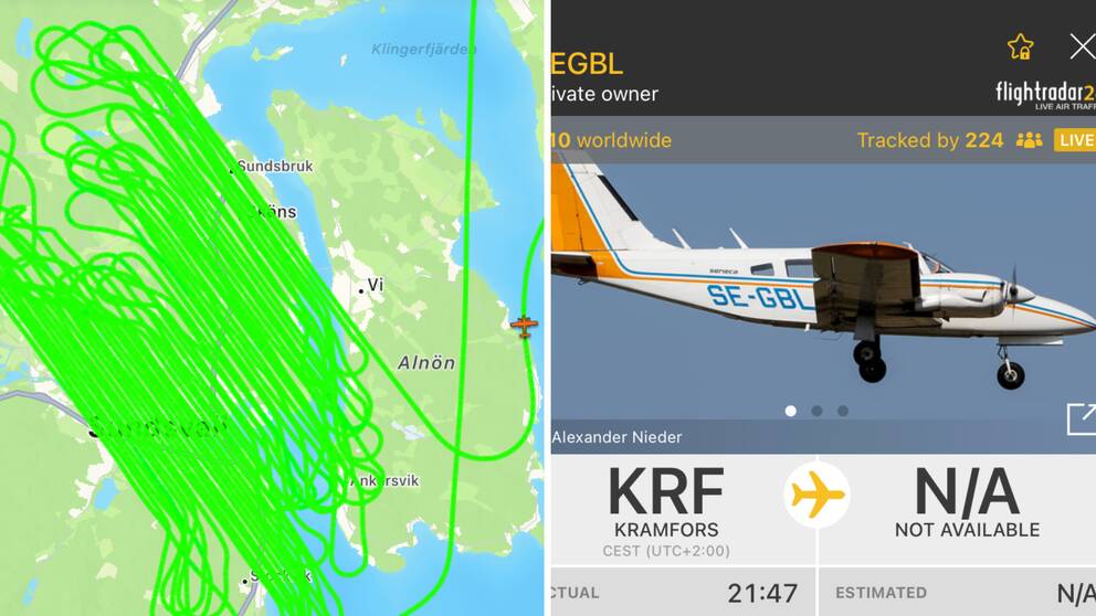 Bilden är ett montage. Till vänster syns en karta över hur flygplanet flög, det syns via gröna streck. Till höger syns en bild hur flygplanet som flög över Sundsvall ser ut.