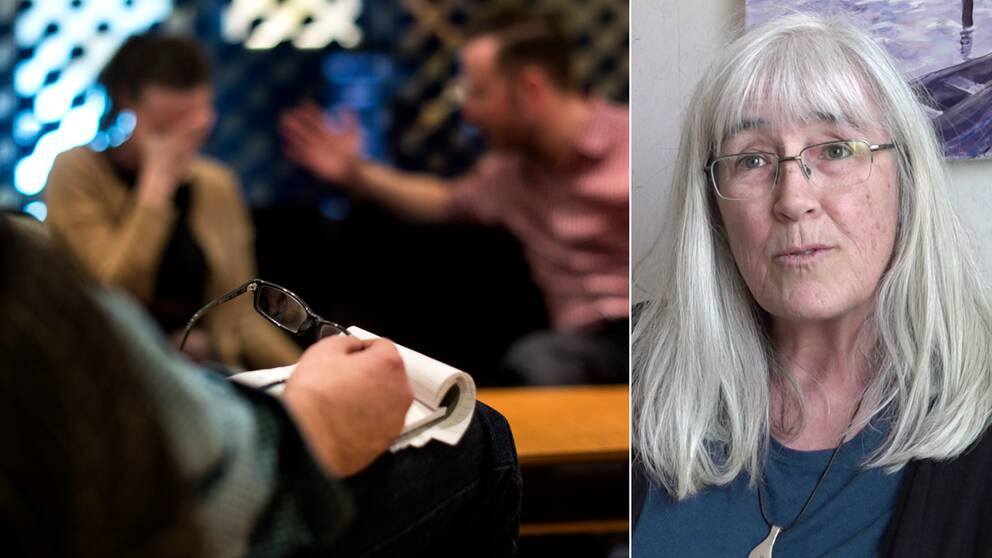 Kollage: Till vänster en parrådgivare som sitter med ett anteckningsblock. I bakgrunden anas ett suddigt par. Till höger familjerådgivaren Elisabet Jonsson vid Svenska kyrkan i Umeå. Hon har långt grått hår och glasögon.