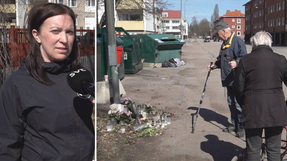 kvinna som står och blir intervjuad. Till höger två äldre ute på promenad som står och tittar på minnesplatsen vid en återvinningsstation
