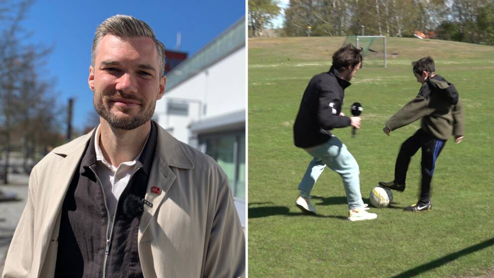 Medelålders man med sidbena och skägg, och en reporter som spelar fotboll med ett barn.