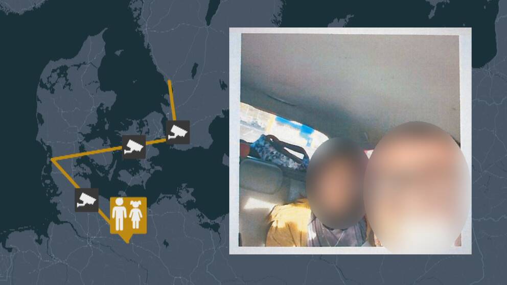 Kartbild på en rutt från södra Sverige genom Danmark till Tyskland. Även en bild på två personer i en bil vars ansikten blurrats.