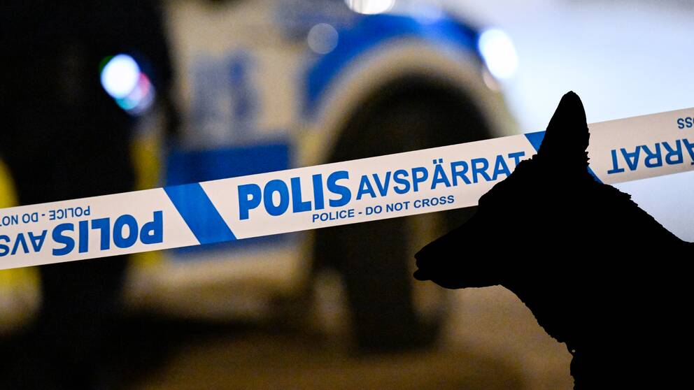 Polisens blå avspärrningsband och en siluett av en hund