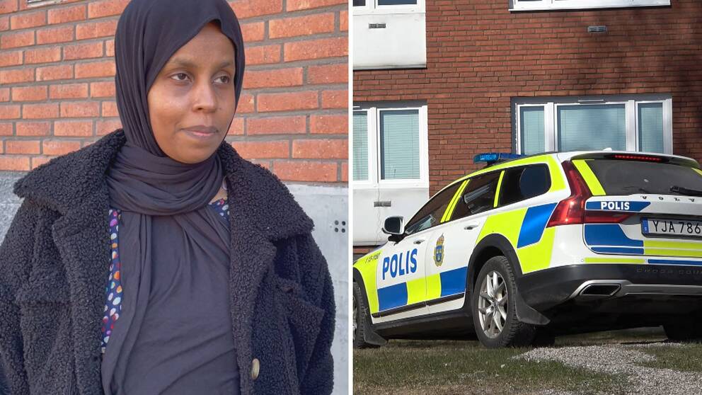 Bilden är ett montage. Till vänster i bild syns Bredsandsbon Asma, hon har mörka kläder på sig och tittar inte in i kameran. Till vänster i bild syns en polisbil som står framför ett bostadshus.