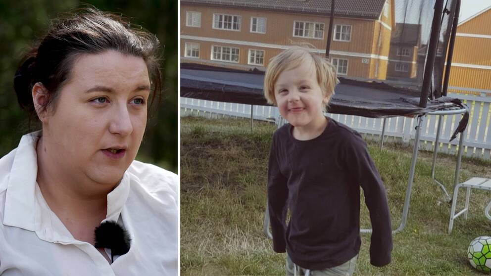 Kollage. Till vänster bild på John Walters mamma Hanna Larsson med mörkt uppsatt hår och vit skjorta. Till höger en bild på femårige John Walter framför en studsmatta.