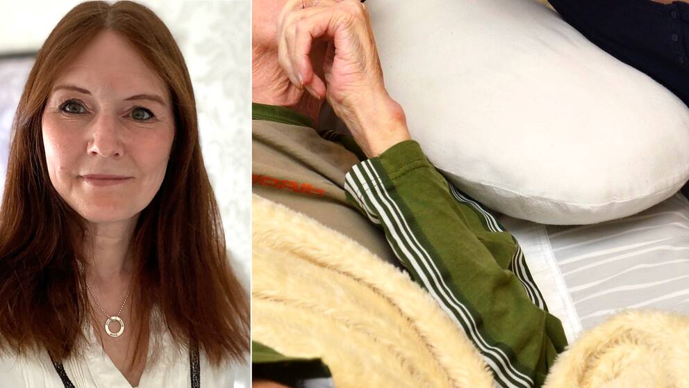 Bilden är ett montage. Till vänster syns reportern Anna Beijron och till höger är en genrebild av en äldre person som ligger i en säng.