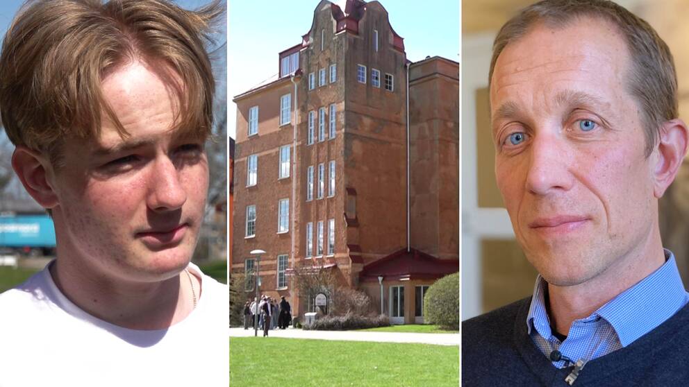 Ung kille med vit tröja till vänster, i mitten skolan som är en stor tegelbyggnad, till höger en bekymrad medelålders.