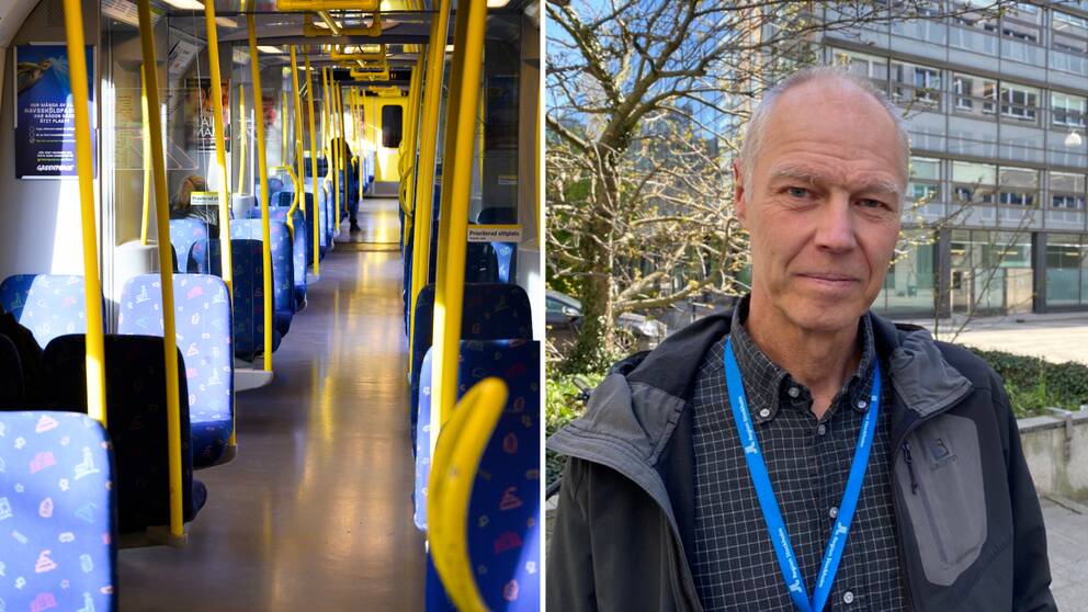 Till höger insidan av en tunnelbanevagn. Till höger en man i rutig skjorta och blått nyckelband runt halsen.