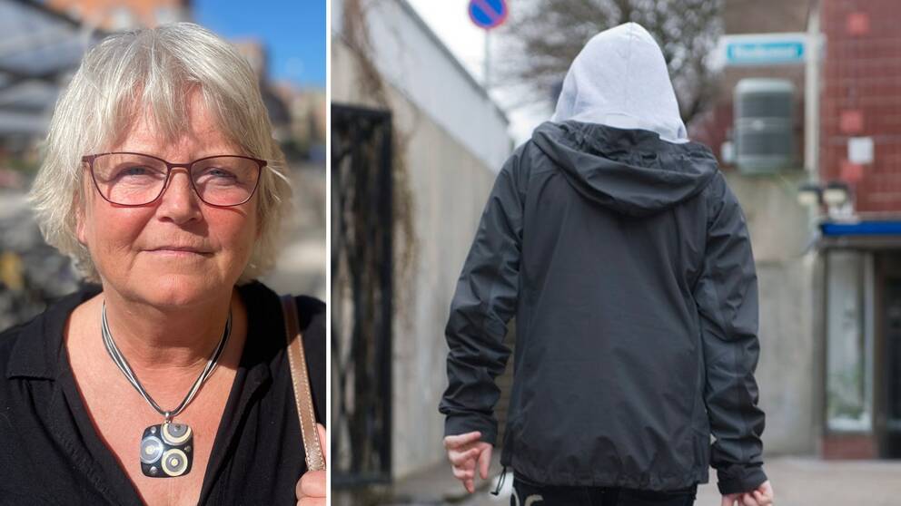 Bilden är delad i två. Den vänstra bilden är en bild på Pia Andersson, en kvinna i 60-årsåldern med kortklippt grått hår och glasögon. Den högra bilden är en arkivbild på en anonym ungdom. Han syns bakifrån iklädd svart jacka och grå luvtröja.
