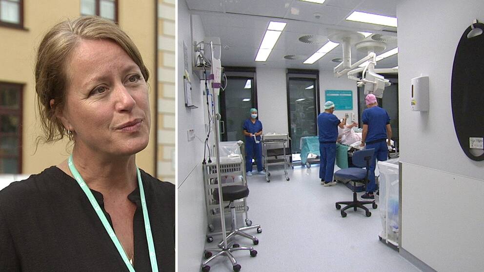 Delad bild. Till vänster: En kvinna med ett bljusblått band runt halsen blir intervjuad. Till höger: Tre vårdarbetare står i en operationssal. På en brits ligger en patient och väntar på att bli opererad.