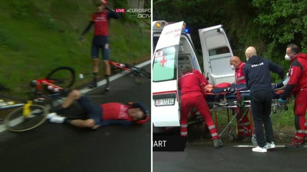 2020 års vinnare av Giro d'Italia, Tao Geoghegan Hart, fick föras bort med ambulans efter kraschen.