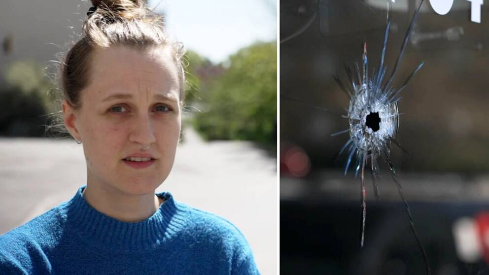 På bilden syns Rågsvedsbon Klara Wigur Åkerman samt en närbild på ett skotthål i fönstret på pizzerian, där nattens dödsskjutning i Rågsved skedde. – Det är väldigt läskigt att den här typen av våld pågår precis utanför ens dörr, säger Klara Wigur Åkerman.