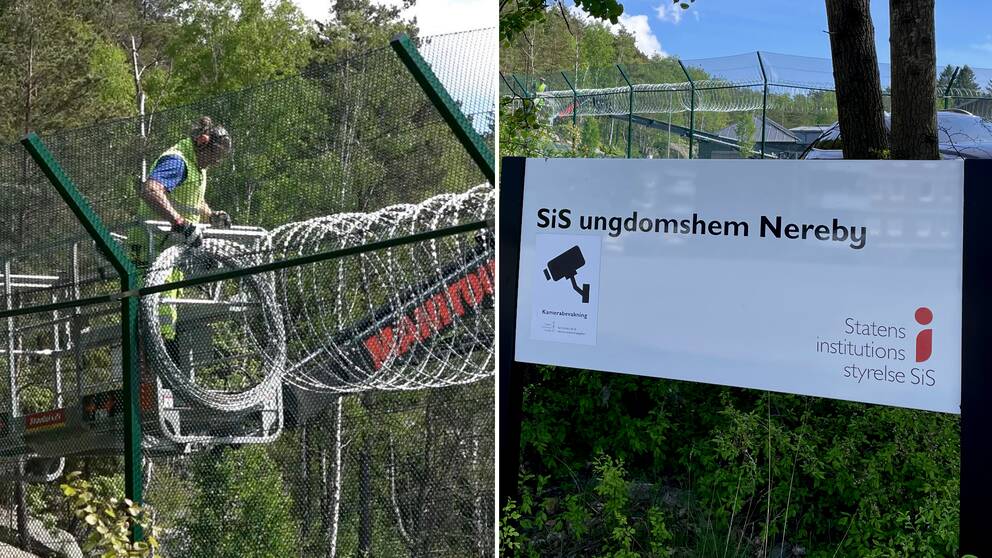 Tvådelad bild: Taggtråd sätts upp på Sis-hemmet Nereby i Göteborg och en skylt som det står ”Sis ungdomshem Nereby” på, samt en övervakningskamera.